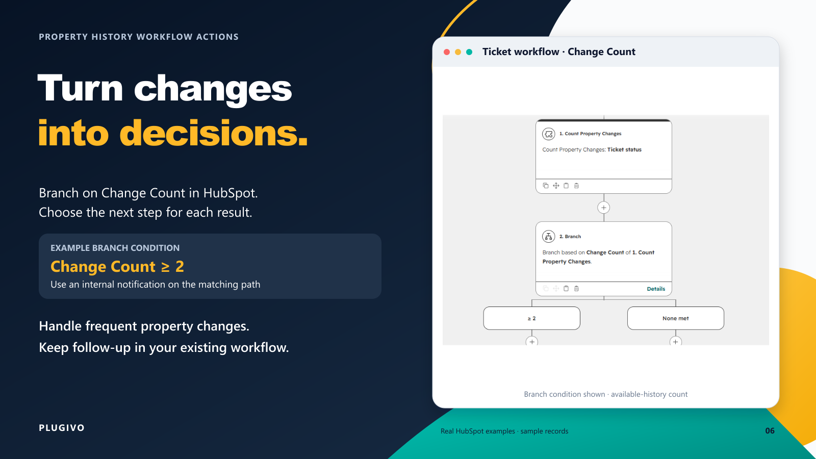 Ticket workflow using Count Property Changes and a branch where Change Count is greater than or equal to 2.