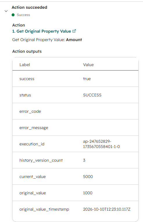 Successful original Deal Amount output showing original value 1000 and current value 5000.