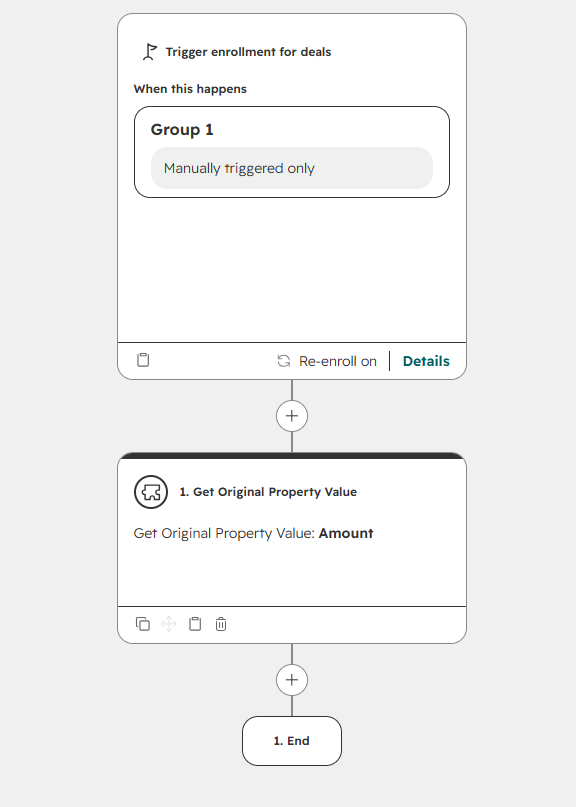 Deal workflow with manual enrollment and Get Original Property Value configured for Amount.