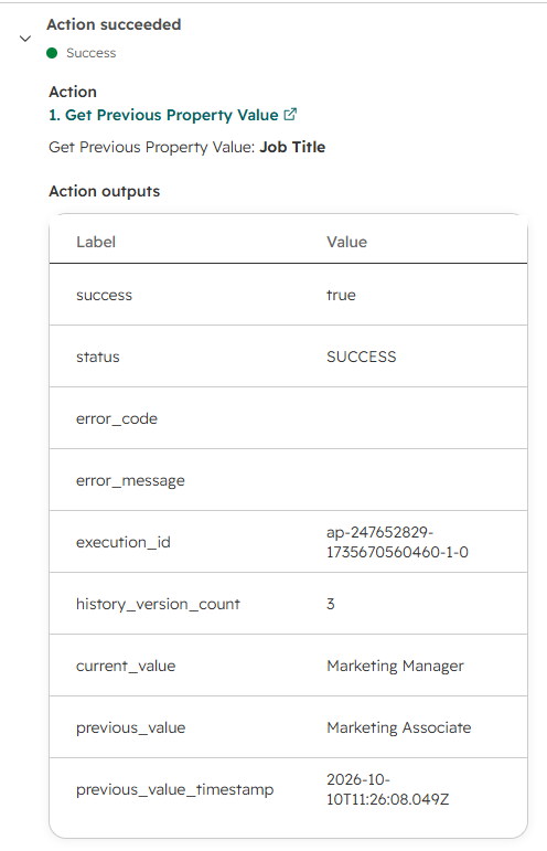Successful previous Job Title output showing Marketing Manager as current value and Marketing Associate as previous value.