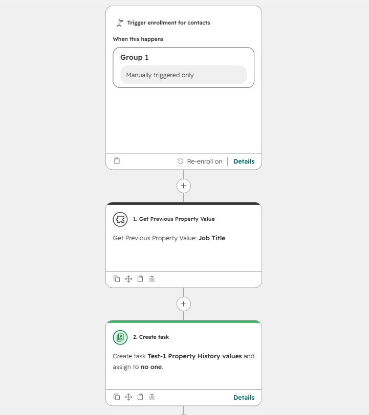 Contact workflow with manual enrollment, Get Previous Property Value for Job Title, and Create task.