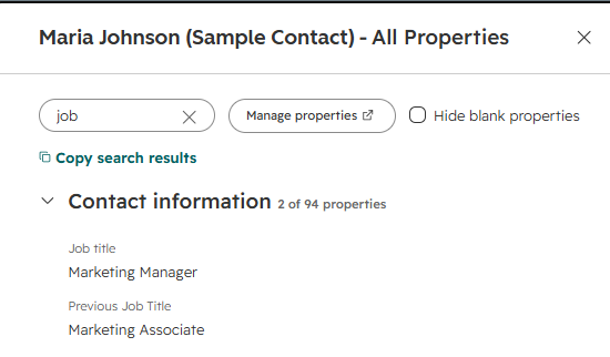 Sample contact properties showing Job title Marketing Manager and saved Previous Job Title Marketing Associate.