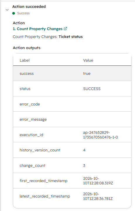 Successful Ticket status history output showing three changes, four recorded versions, and first and latest timestamps.