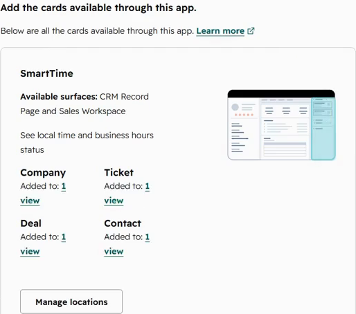 HubSpot SmartTime app-card settings with four supported record types and the Manage locations button.