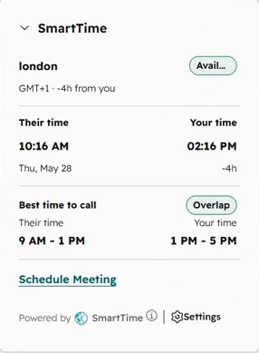 SmartTime London Company card showing 10:16 AM, Available status, and a suggested call window.
