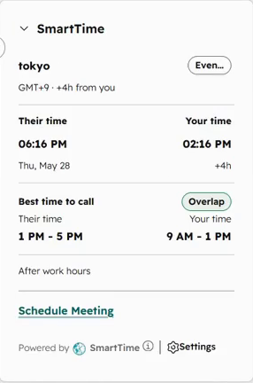 SmartTime Tokyo Contact card comparing local times and showing an overlapping call window in both timezones.