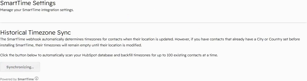 SmartTime Historical Timezone Sync settings describing up to 100 contacts per batch, with a Synchronizing button.