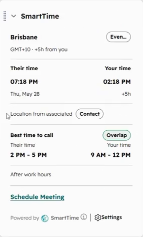 SmartTime Ticket card showing Brisbane local time and Location from associated Contact.