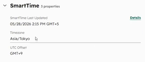 Contact SmartTime properties showing Asia/Tokyo timezone, GMT+9 UTC offset, and last-updated timestamp.
