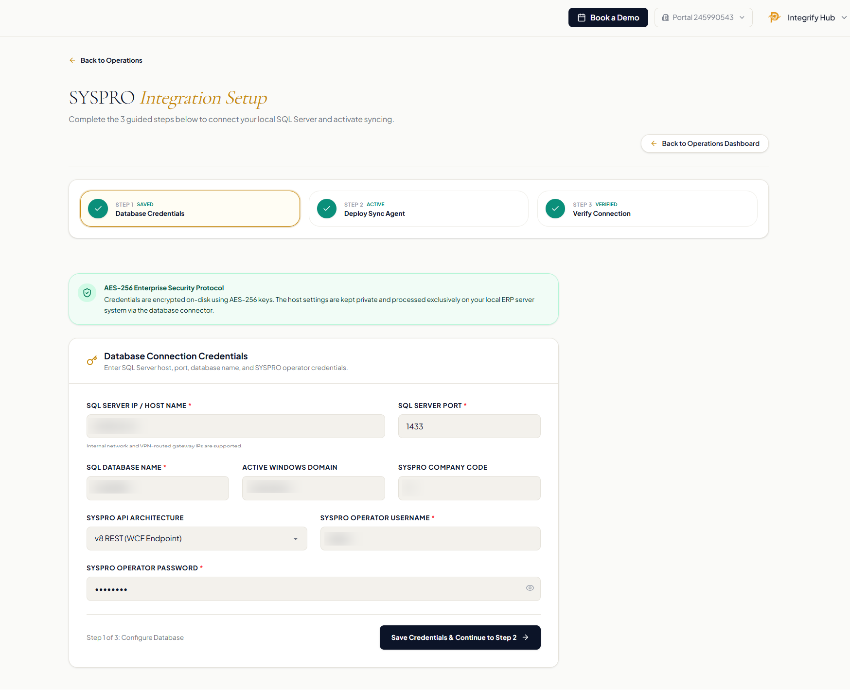 SYSPRO gateway setup form for SQL Server connection details and operator credentials.