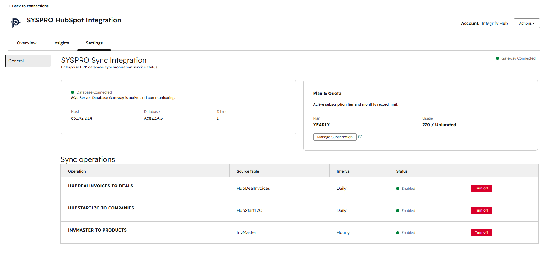 HubSpot Connected Apps settings for SYSPRO with gateway connection status, plan usage and three enabled sync operations.