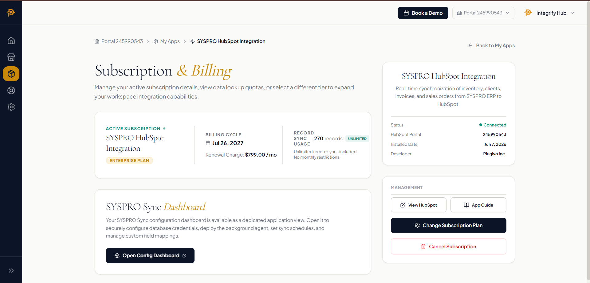 Plugivo integration dashboard with the connected HubSpot workspace, SYSPRO subscription and sync dashboard link.