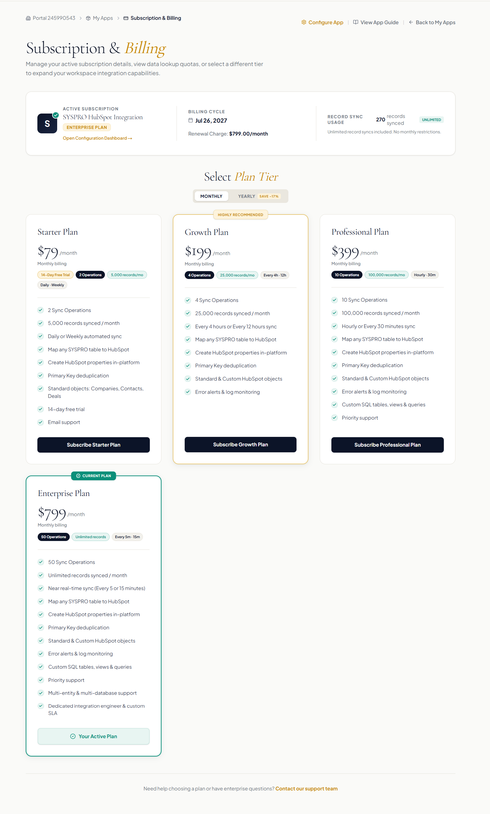 SYSPRO subscription plan selection with Starter, Growth, Professional and Enterprise tiers.