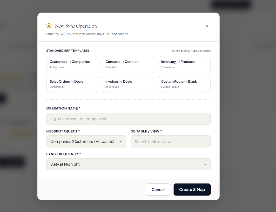 New Sync Operation dialog with customer, contact, inventory, sales-order, invoice and custom-route templates, plus object, table and sync-frequency selectors.