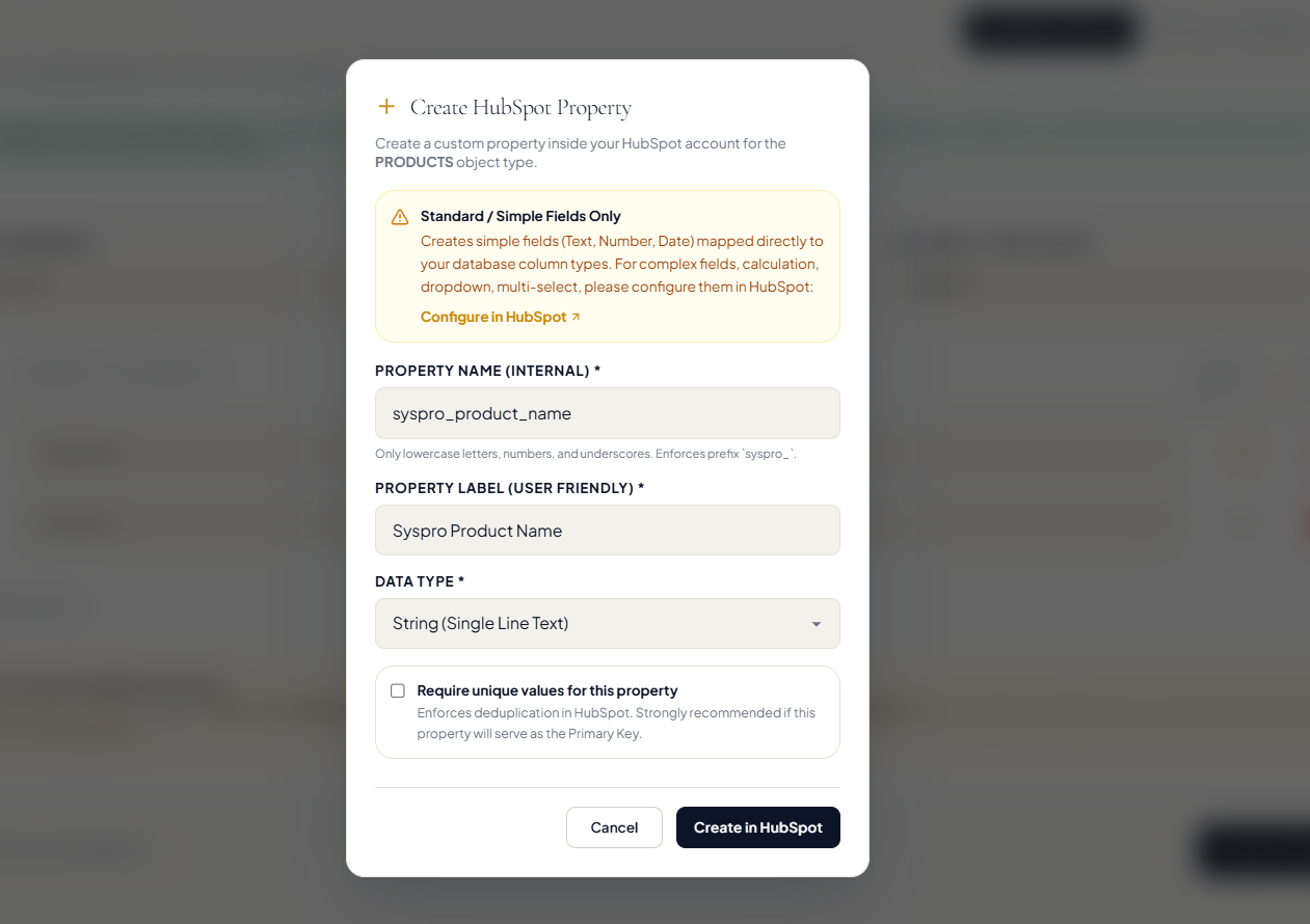 Create HubSpot Property dialog for a Products text property named syspro_product_name, with property label, data type and Require unique values settings.